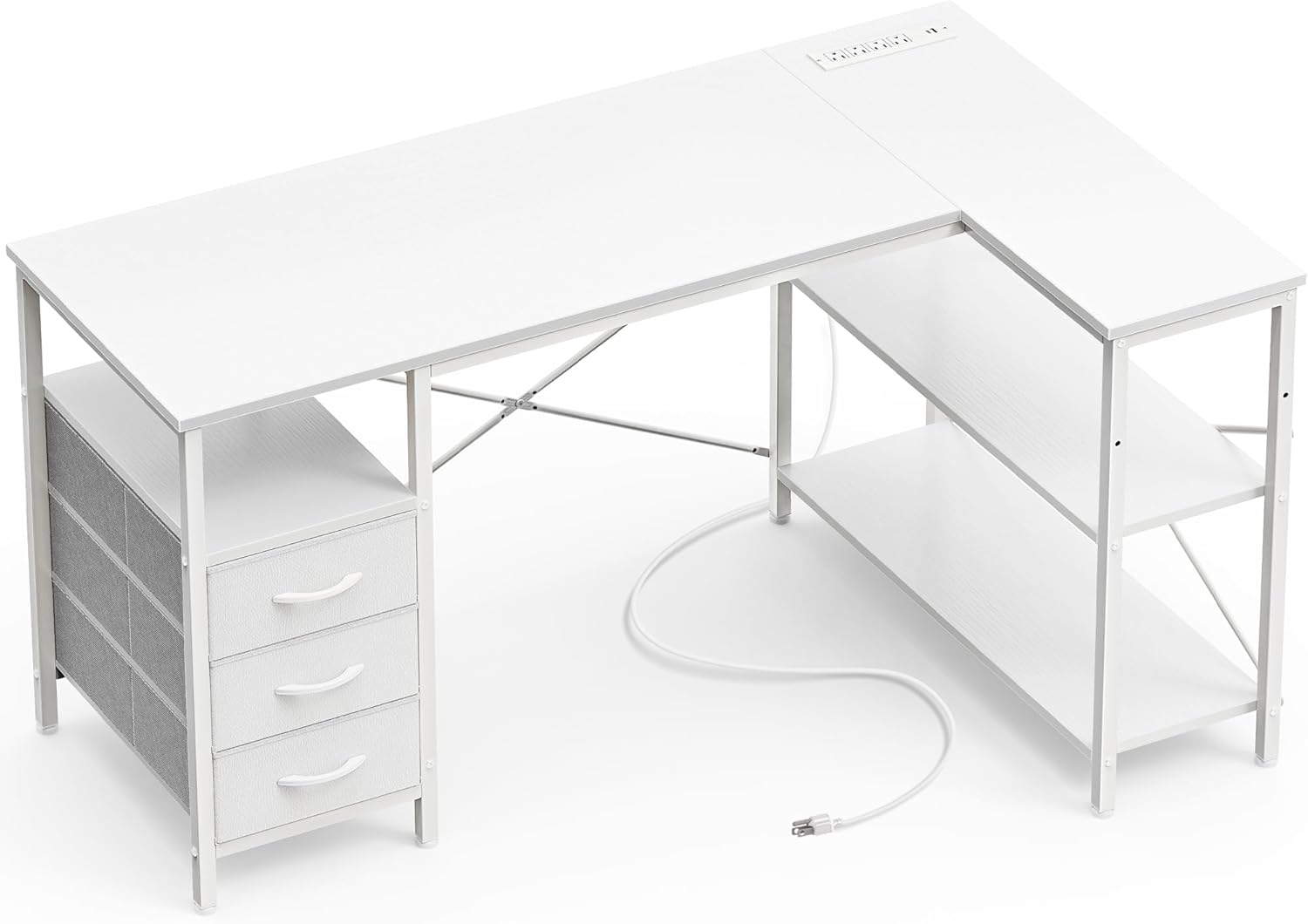 61GFQakz3eL._AC_SL1500_.jpg Shaped Desk with Power Outlets, Computer Desk with 3 Drawers, 47 Inch Office Desk with Shelves, Gaming Desk, Corner Desk Work Desk for Home Office, Study, White - Image 1