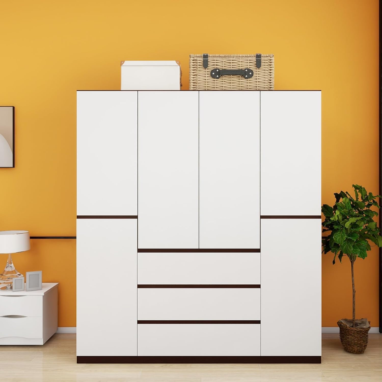 61oP1mBK6mL._AC_SL1500_.jpg Armoire Wardrobe Closet 4 Doors 3 Drawers White Wardrobe Closet Wardrobe Cabinet Bedroom Armoire Wardrobe Closet with Hanging Rod & Large Capacity Wood Closet 63" L x 20.3" W x 72" H - Image 1