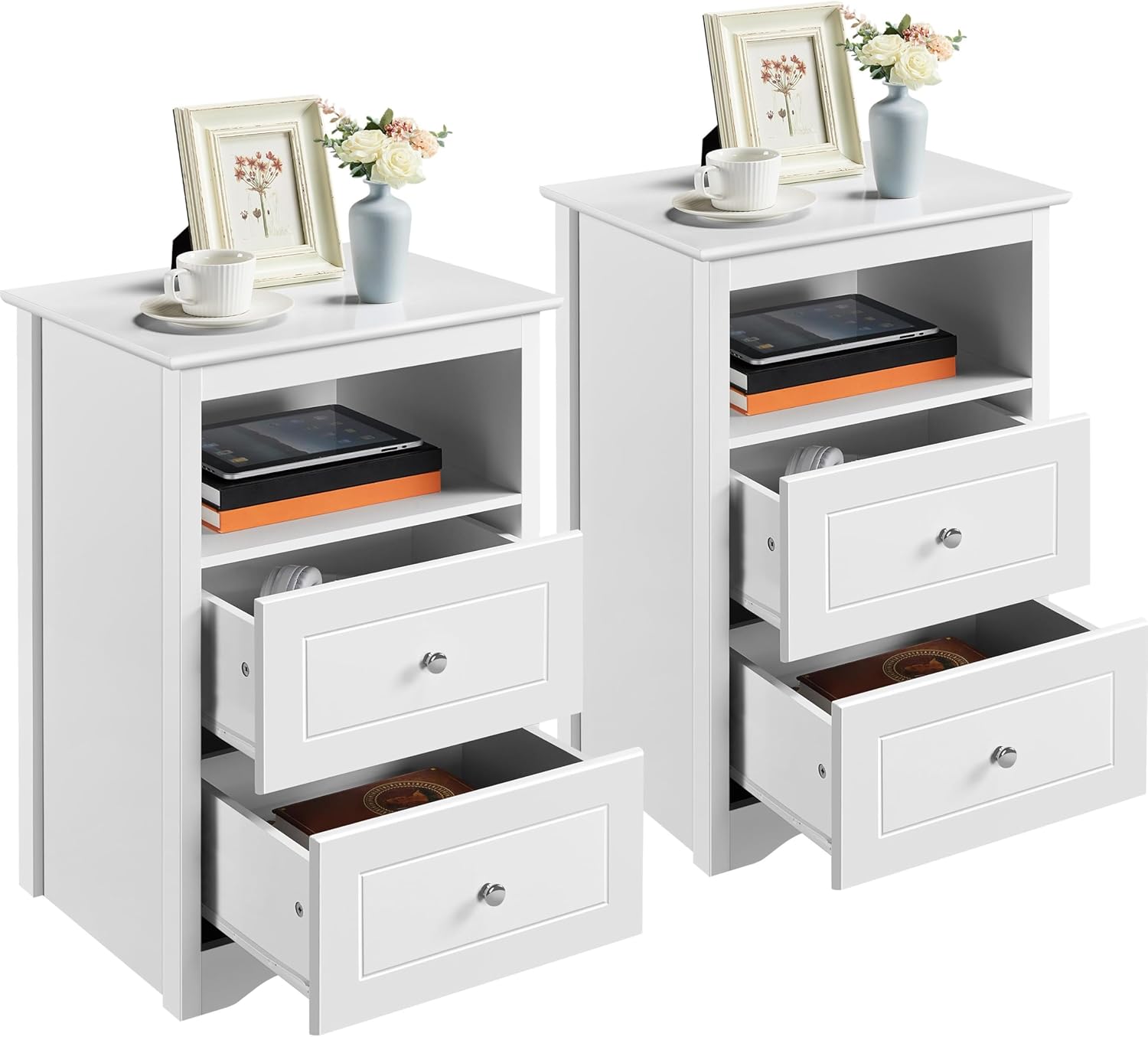 717Zat8yVKL._AC_SL1500_.jpg Bedside Table Set of 2, Tall Nightstand with 2 Drawer and Cubby, Wooden Bedside Table for Bedroom Small Space, Tall Bedside Cabinet Telephone Table, 16″ D × 19″ W × 29″ H, White - Image 1