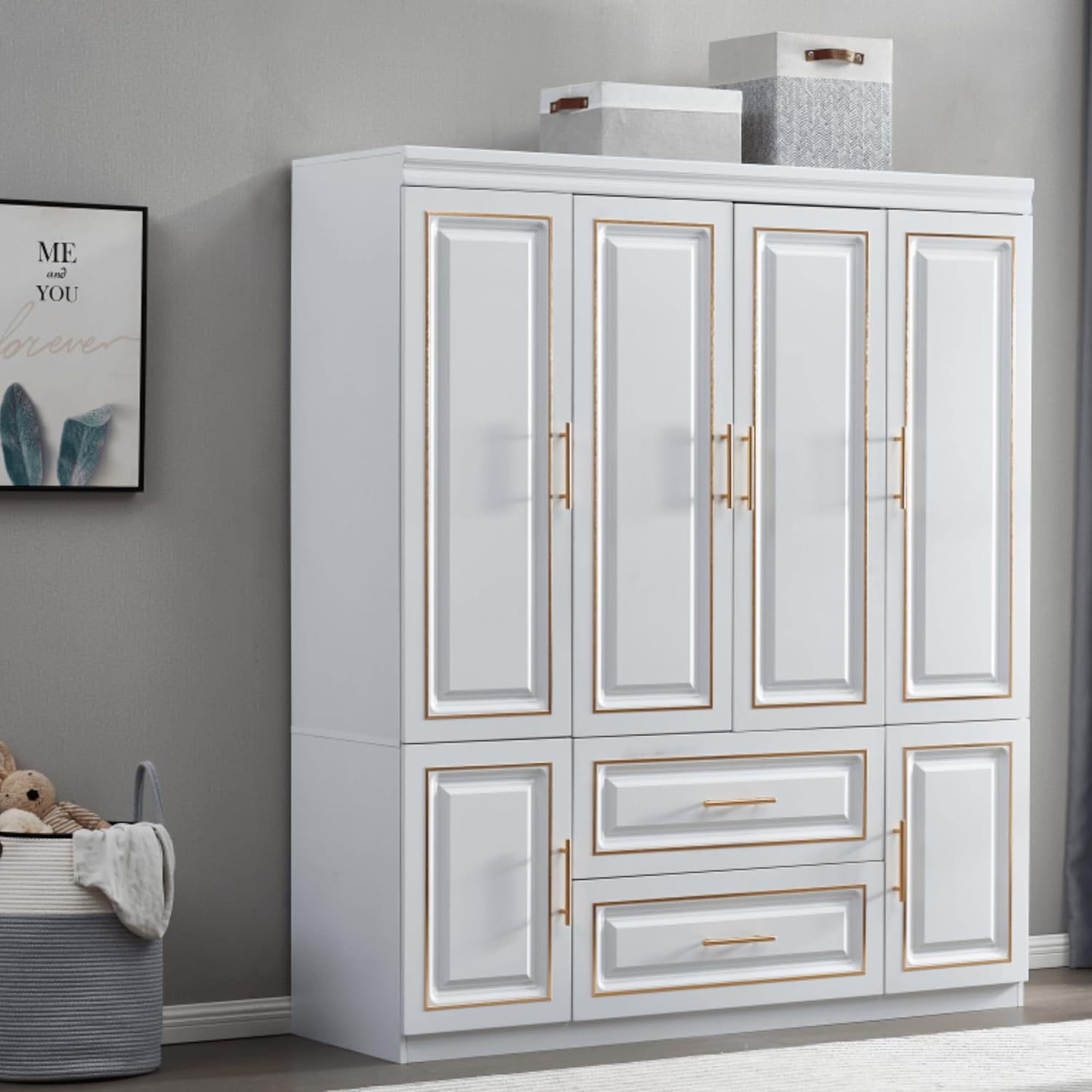 718wHpp4aPL._AC_SL1500_.jpg 74" H Wardrobe Cabinet,Wardrobe Closet with 4 Doors, Armoire Wardrobe Closet with Storage Drawers, Clothing Rod and Shelves, Bedroom Armoires with Gold Decorative Border, Armoire - Image 1