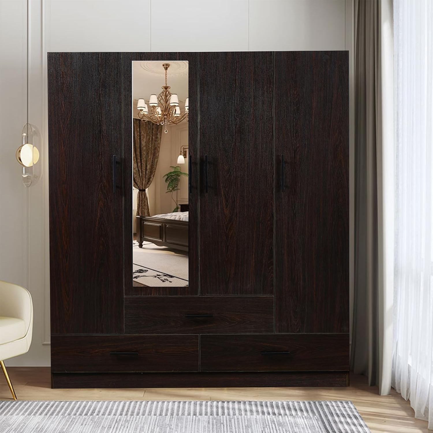 719cTsWcXL._AC_SL1500_.jpg Armoire Wardrobe Closet: 4-Door, Hanging Rod, 3 Drawers, Shelves, Mirror Metal Handle Clothes Cabinets For Bedroom Wood Tall Storage, Large Capacity Organizer, Walnut 63"L x18.9"W x70.8"H - Image 1