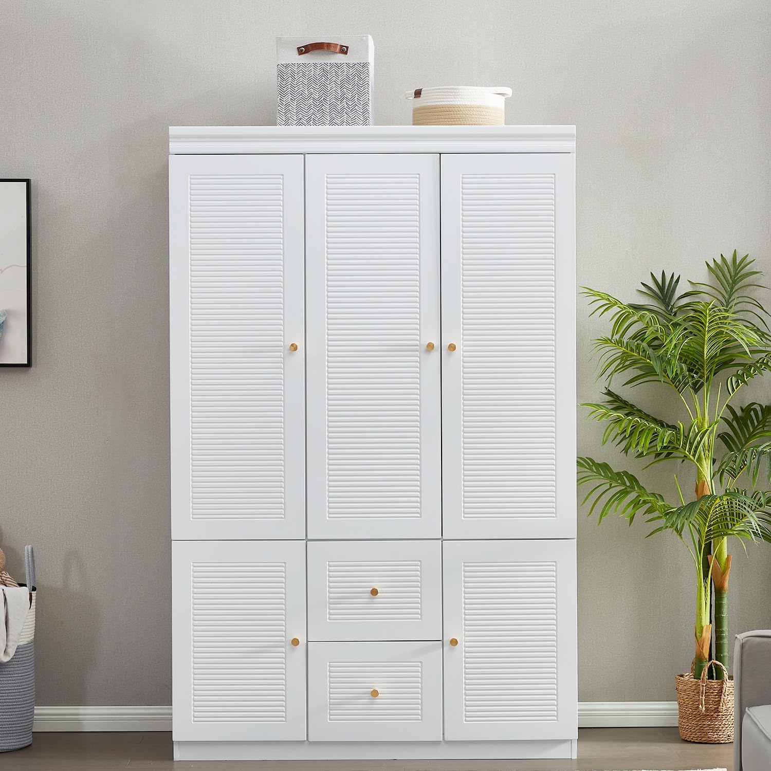 71AKllewaXL._AC_SL1500_.jpg 74.2" Armoire Wardrobe Closet Storage, Wood 3 Door 2 Drawers White Closet Cabinet for Large Capacity, Tall Cabinet Closet with Hanging Rod and 5 Storage 47.3" L x 20.3" W x 74.2" H - Image 1