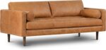 Cognac Tan Brown Leather Couch - 88.5" Mid Century Leather Sofa with 2 Bolsters - Full Grain Camel Leather Couch - Feather-Down Topper On Seating Surface - re-Aniline Italian Leather