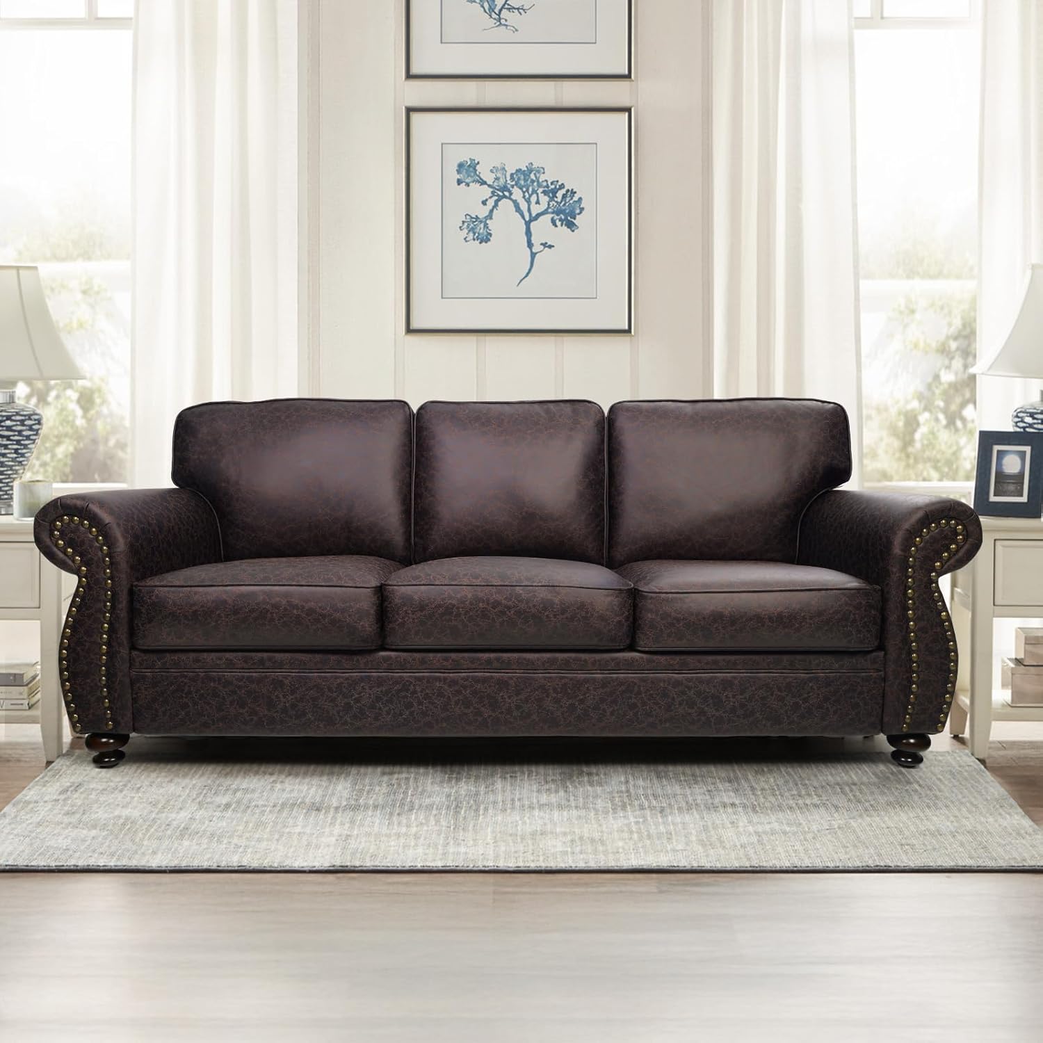 71Mf-lnSd3L._AC_SL1500_.jpg Mid-Century Vintage Sofa Couches with Rivet Design,loveseat Sofa,Removable Sofa Cover Upholstered Cushions and Solid Wood Frame (Brown, 3-Seater) - Image 1