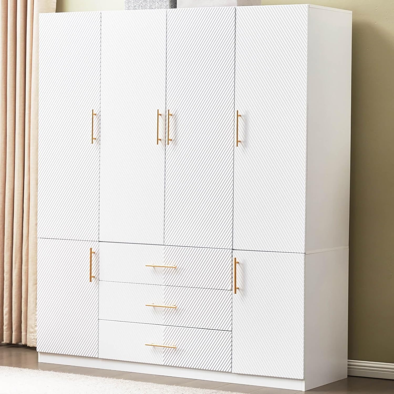 71blWydQI0L._AC_SL1500_.jpg 4 Doors Armoire Wardrobe Closet, Bedroom Armoires Cabinet Wooden with Hanging Rod Inside Cabinet and Drawers - Image 1