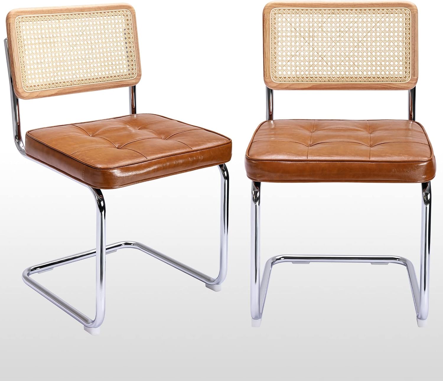 71uV6aoUjeL._AC_SL1500_.jpg Mid-Century Modern Dining Chairs, Upholstered Tufted Faux Leather Accent Chairs Rattan Dining Chairs Set of 2, Armless Mesh Back Cane Chairs with Metal Chrome Legs, Brown - Image 1