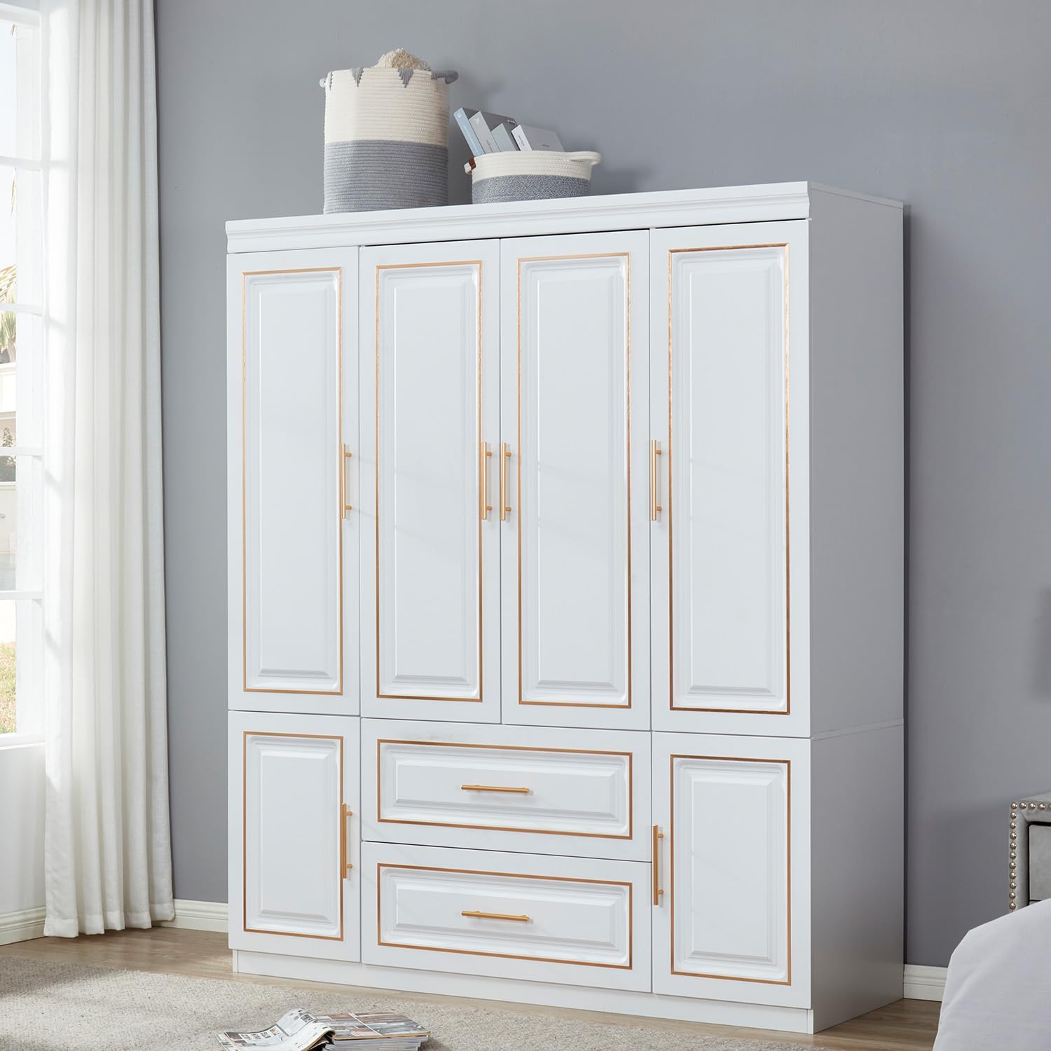 71zXnBYpFPL._AC_SL1500_.jpg 74.2" 4 Door Armoire Wardrobe Closet Cabinet, Wood 2 Drawers Tall Cabinet Closet for High Storage Capacity, White Closet Cabinet with Hanging Rod and 5 Storage 63" L x 20.3" W x 74.2" H - Image 1