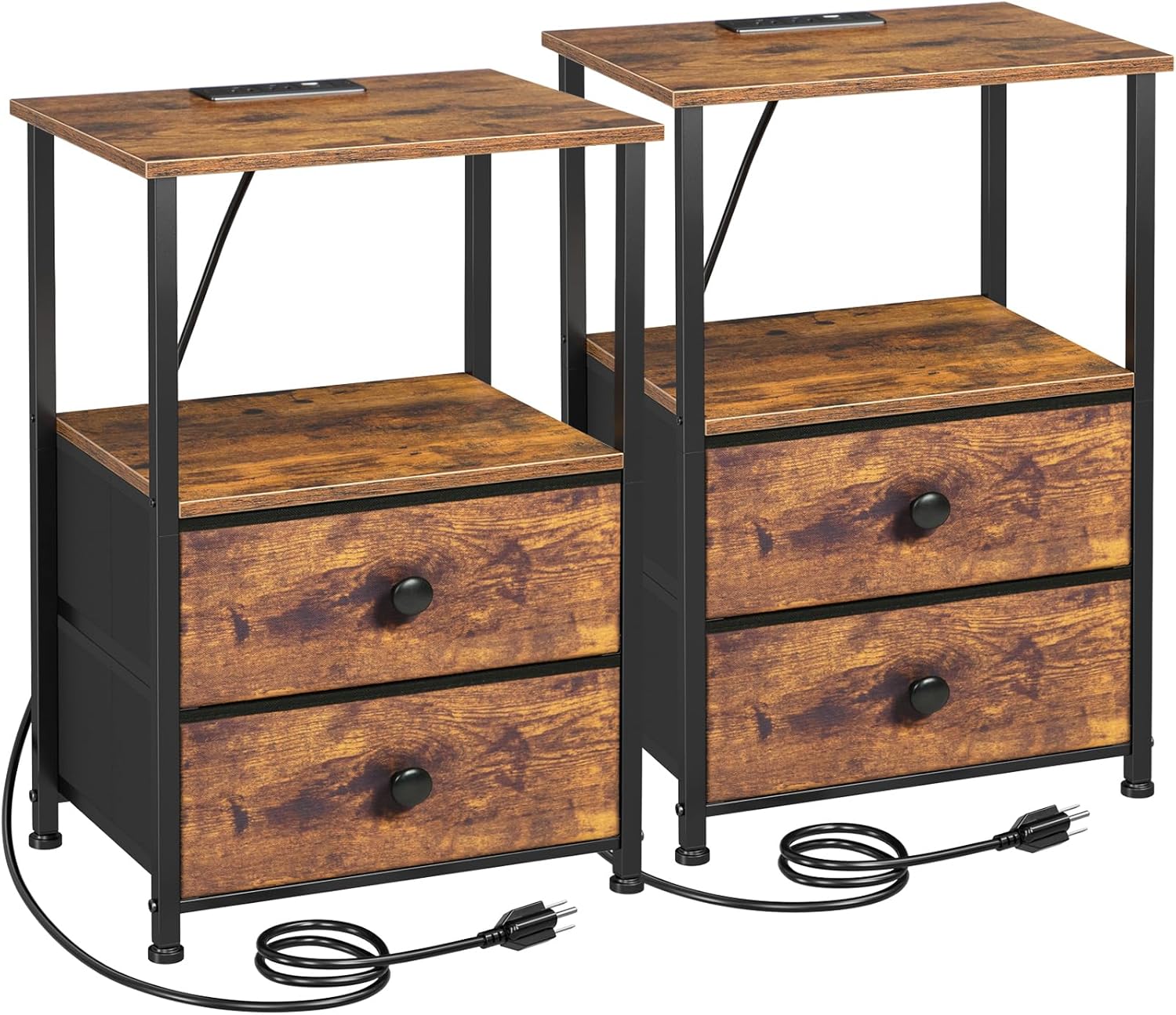 813qibFEHaL._AC_SL1500_.jpg Night Stand Set 2, Nightstand with Charging Station, End Tables with Storage Shelf for Small , Bedside Table Side Tables with 2 Fabric Drawers for Bedroom, Rustic Brown - Image 1