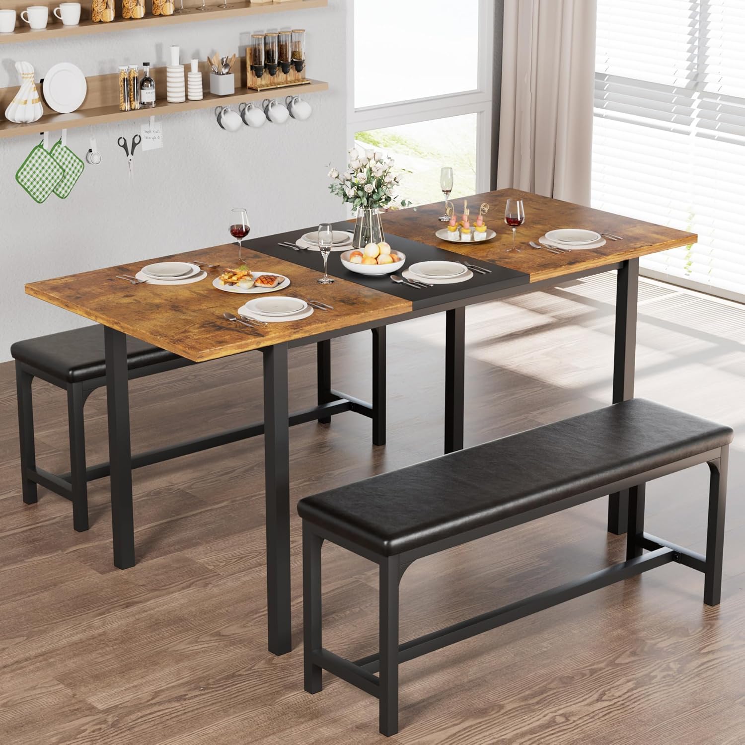 816k4wPxmsL._AC_SL1500_.jpg 3-Piece 63" Extendable Kitchen Table with Benches/Chairs, Modern Breakfast Dinette/Dining Room Set for 4/6/2, Small Space Saving Design, Easy Assembly - Image 1