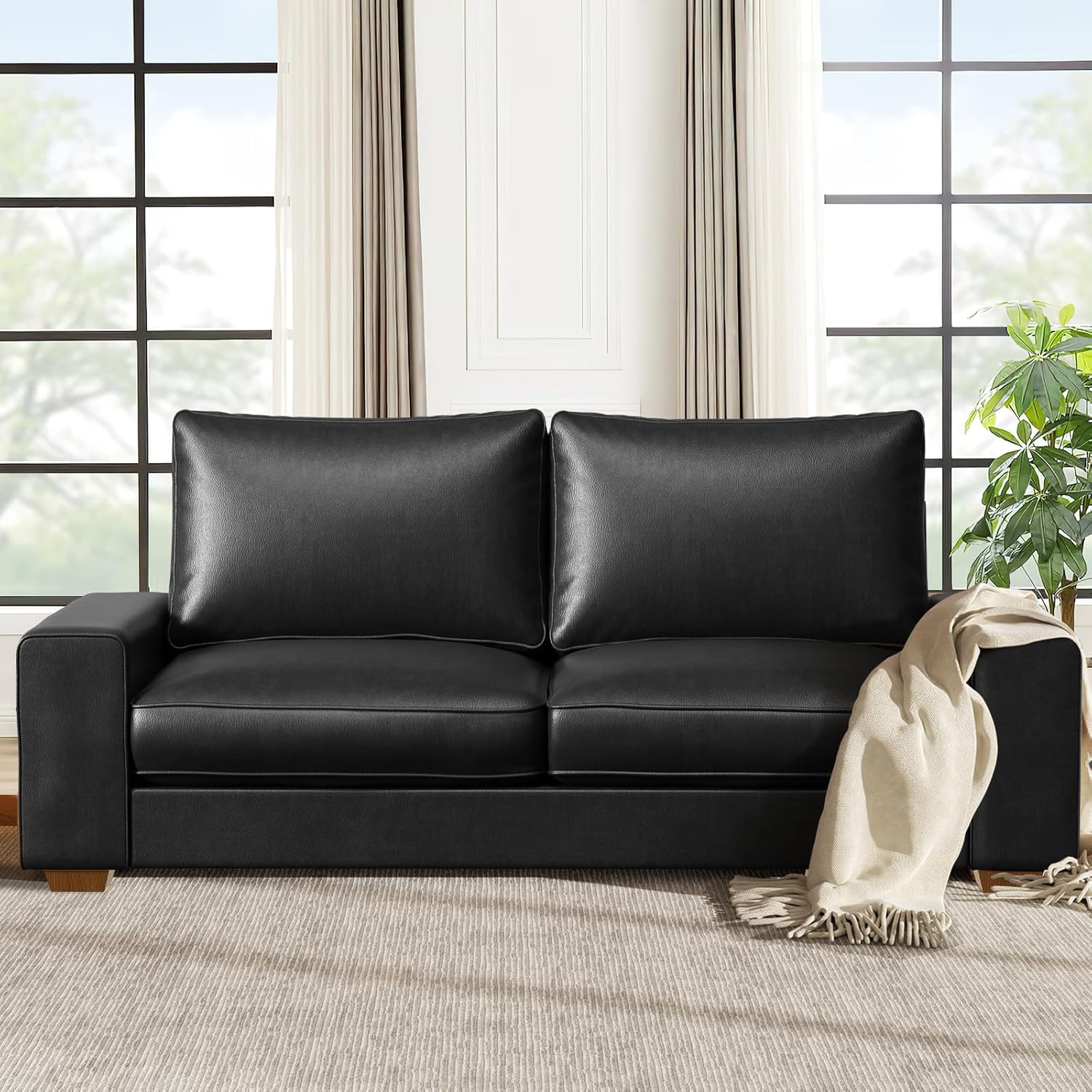 818CER6kICL._AC_SL1500_.jpg Modern Faux Leather Sofa Couch,Loveseat Sofa,Small Sofa,with Spring Cushions and Solid Wood Frame,Removable Sofa Cover,Suitable for Living Rooms,Offices,Apartments(71.25inch,Black - Image 1