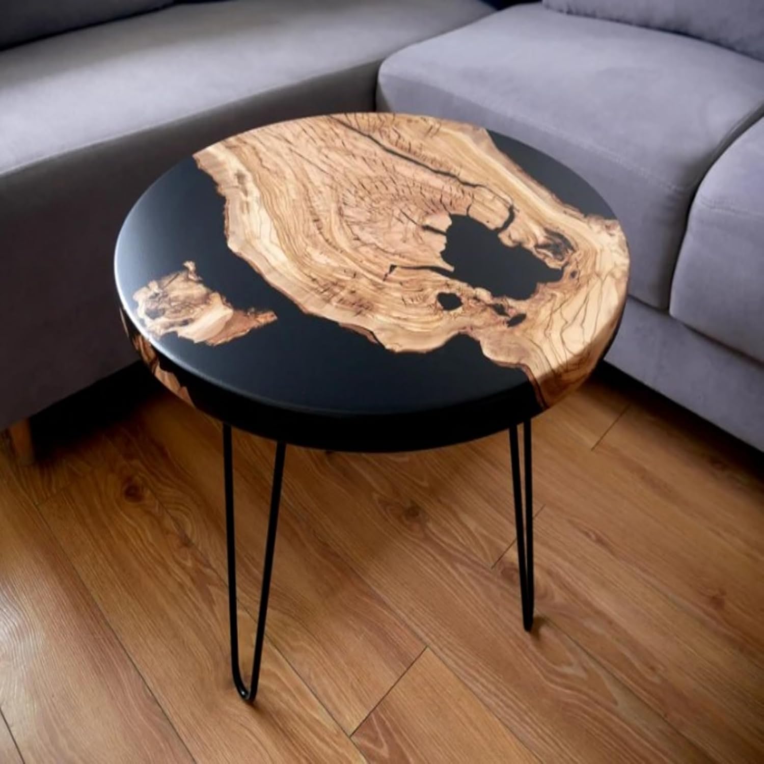 818y-egKKwL._AC_SL1500_.jpg Sleek Black Epoxy Resin Table Natural Wood Slices Table Coffee Table Living Room Table Dining Table Console Table Bar Counter Table Side Table (18 Inhes Tall, 66 x 66 Inches) - Image 1