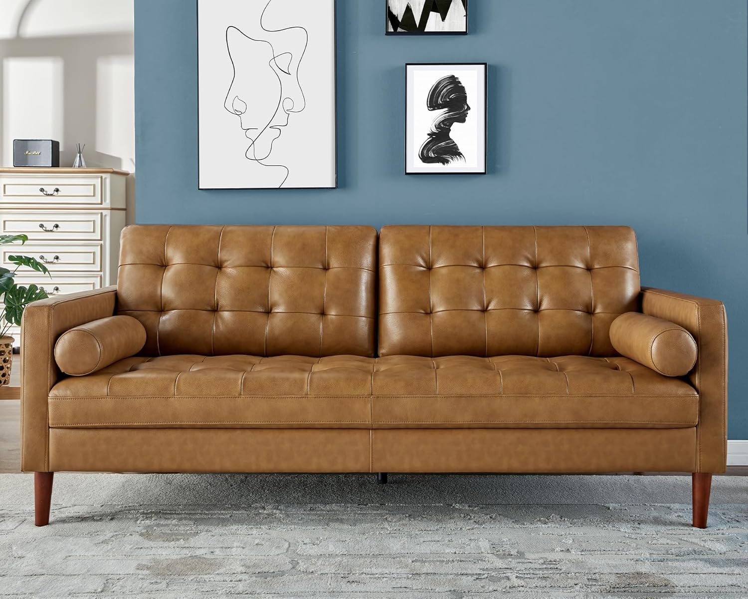 81CAfgZsDkL._AC_SL1500_.jpg Leather Sofa, Mid-Century Modern Genuine Leather Sofa, 3 Seater Comfy Couch for Living Room Home Office -Brown Leather Sofa Couch - Image 1