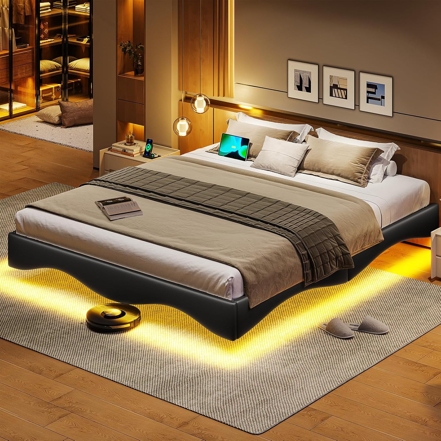 81Fjn0QKX8L._AC_SL1500_.jpg Floating Bed Frame Queen with LED Lights, Upholstered Platform Bed Frame Queen Size with Type-C & USB Port, Modern Wavy Visual Floating Metal Bed Frame, No Box Spring Needed, Black - Image 1