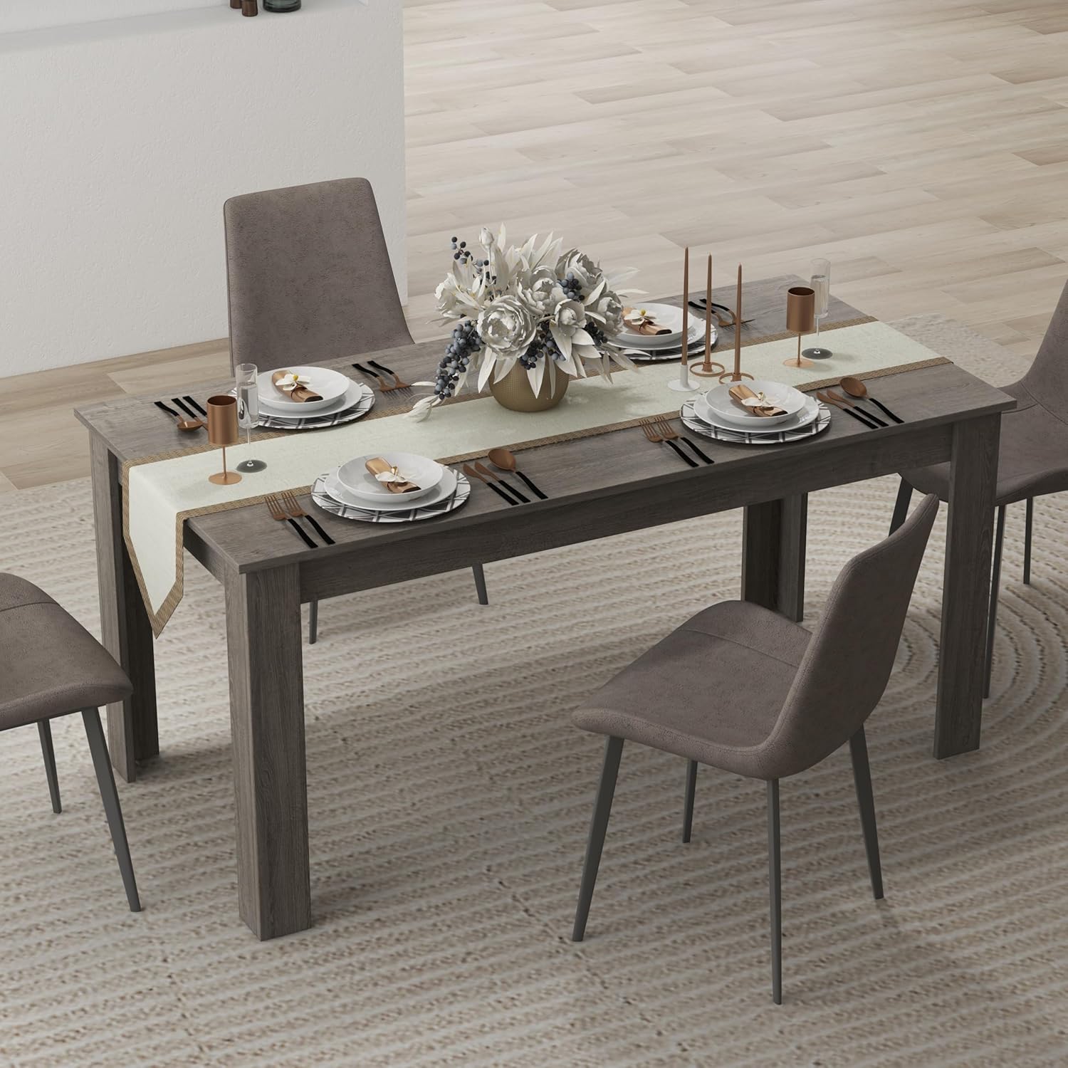 81PwGmD9eIL._AC_SL1500_.jpg Moccha Wood Dining Table for 4-6 People, 63" Wood Rectangle Dinner Table, Modern Kitchen Table with L-Shaped Legs, 330lbs Weight Capacity, Farmhouse Dinette Table for Dining Room, Living Room, Grey - Image 1