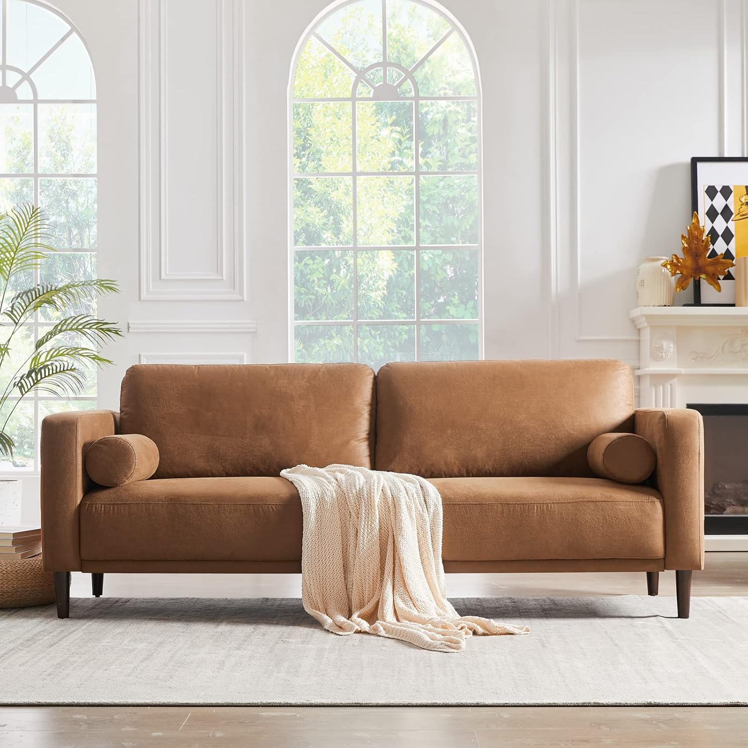 81QK5J2i6tL._AC_SL1500_.jpg Sofa Couches, 79” Mid-Century Modern Couch, Breathable Faux Leather Couch with Upholstered Cushions/Pillows, 3-Seat Sofas & Couches, for Living Room Apartment Office, Brown - Image 1