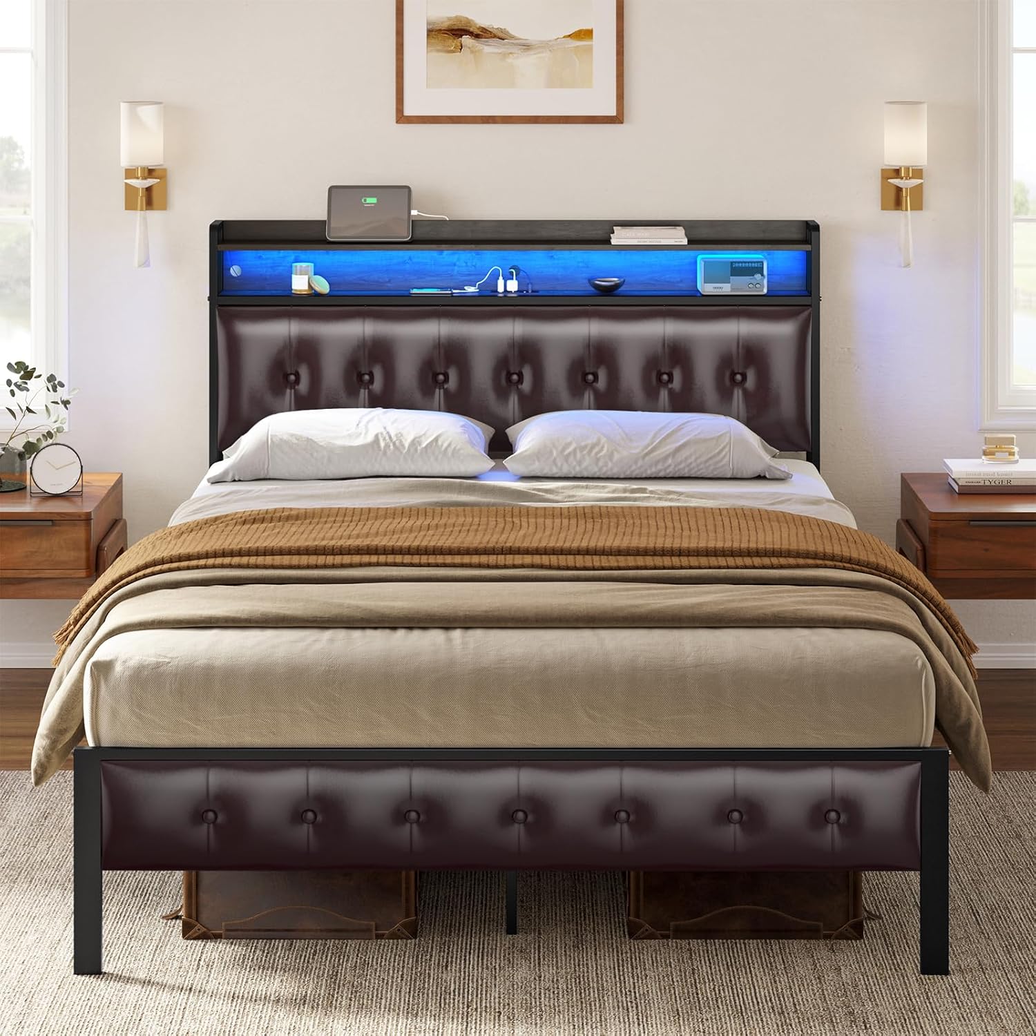 81Tyrvz64FL._AC_SL1500_.jpg LED Bed Frame Full Size with Storage Headboard Platform Bed Frame with 2 Charging Outlets and 2 USB Ports Non-Slip Without Noise Strong Metal Slats Support No Box Spring Needed,Dark Brown - Image 1