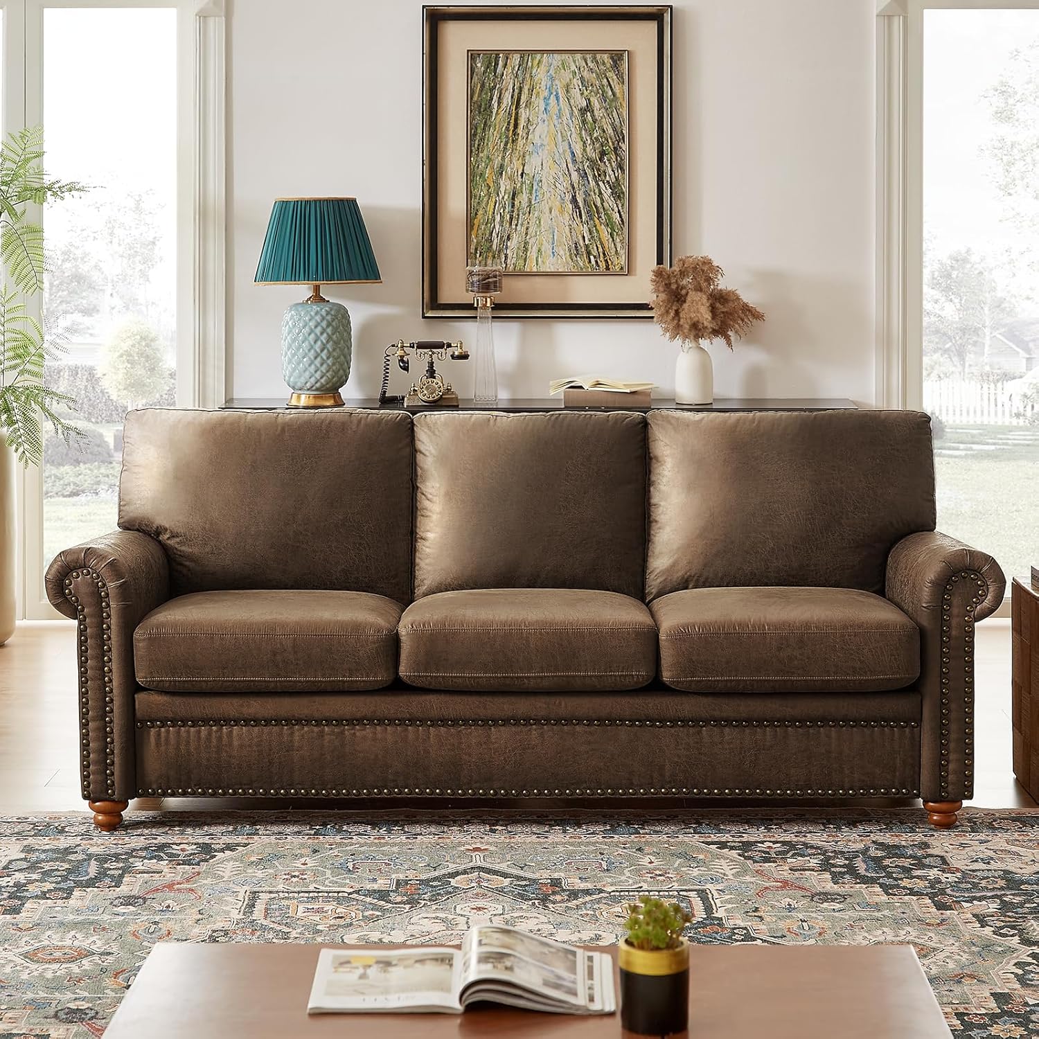 81ZWPdXhQL._AC_SL1500_.jpg 84" Faux Leather Couch, Mid-Century Modern Couch w/Brass Nailhead Trim, 3 Seater Sofa Couch w/Rolled Arm, Pocket Spring Cushions, Gourd Feet, Dark Brown Couch Leather Sofas for Living Room - Image 1