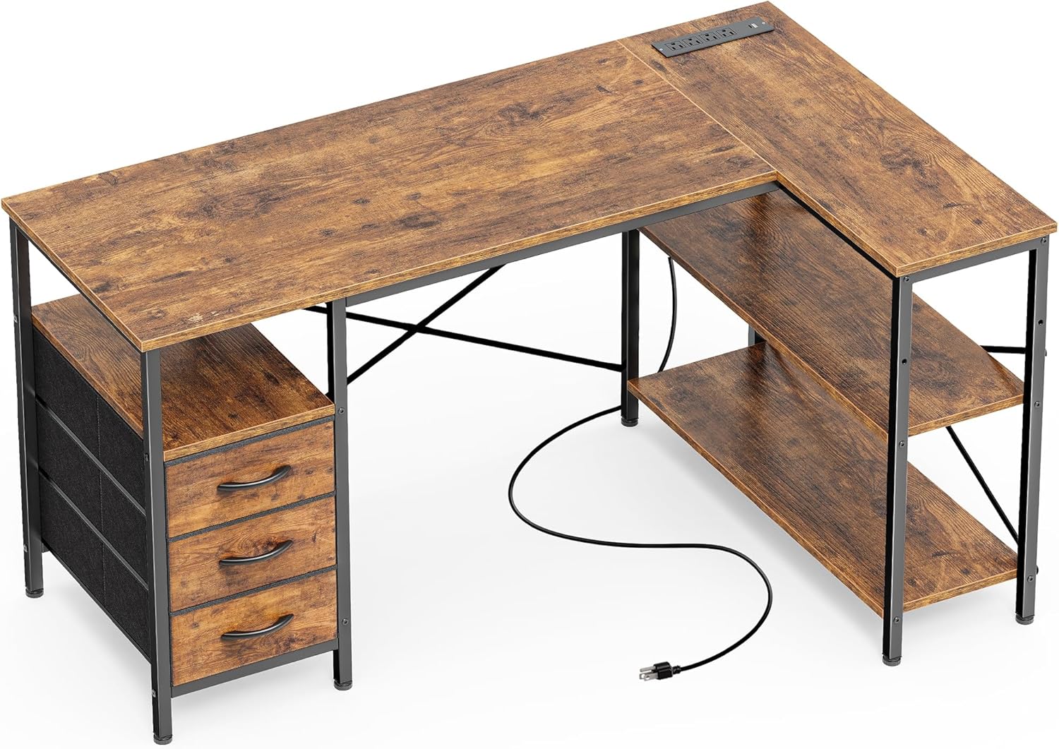 81u4fj9bmIL._AC_SL1500_.jpg Shaped Desk with Power Outlets, Computer Desk with 3 Drawers, 47 Inch Office Desk with Shelves, Gaming Desk, Corner Desk Work Desk for Home Office, Study, Rustic Brown - Image 1