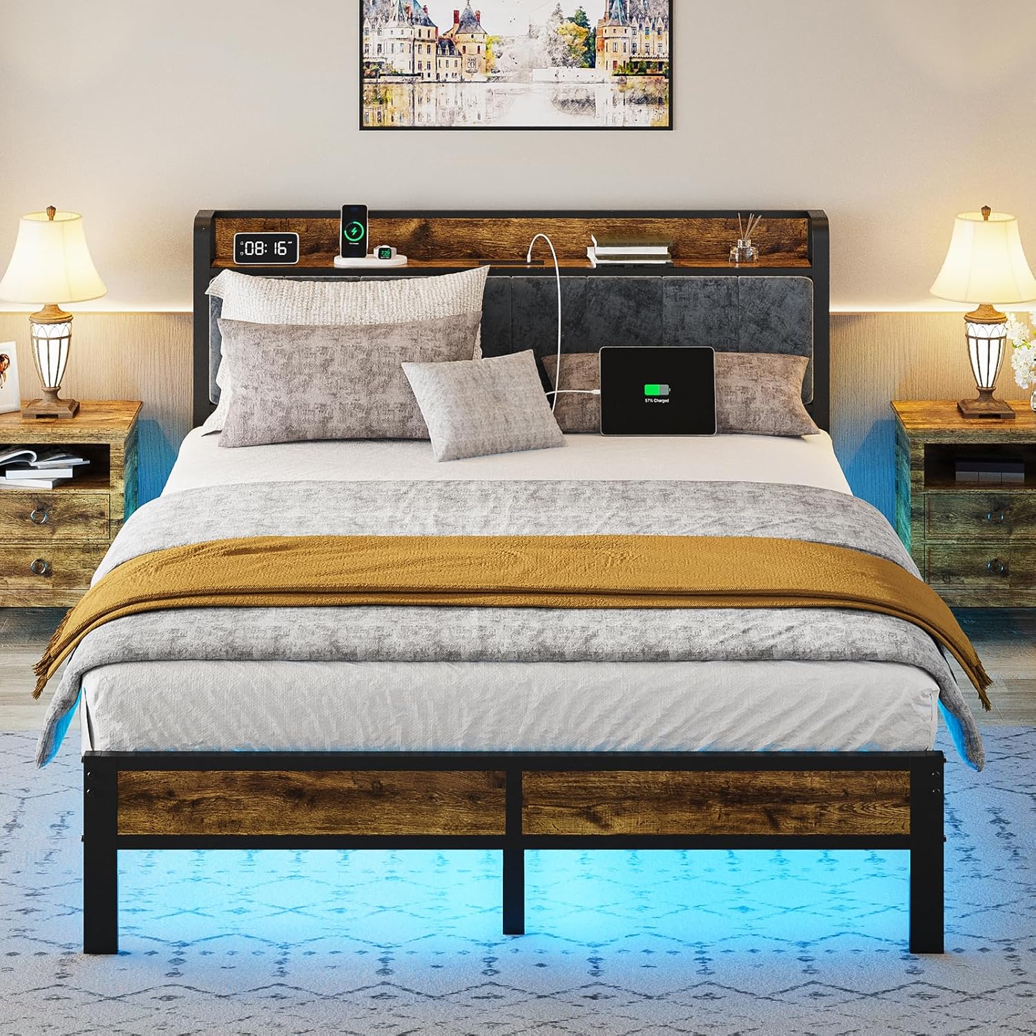 81wWddq4oL._AC_SL1500_.jpg Queen Bed Frame with Headboard, Metal Platform Bed with Smart LED Lights and USB Charging Station, Easy Assembly, No Box Spring Needed - Image 1