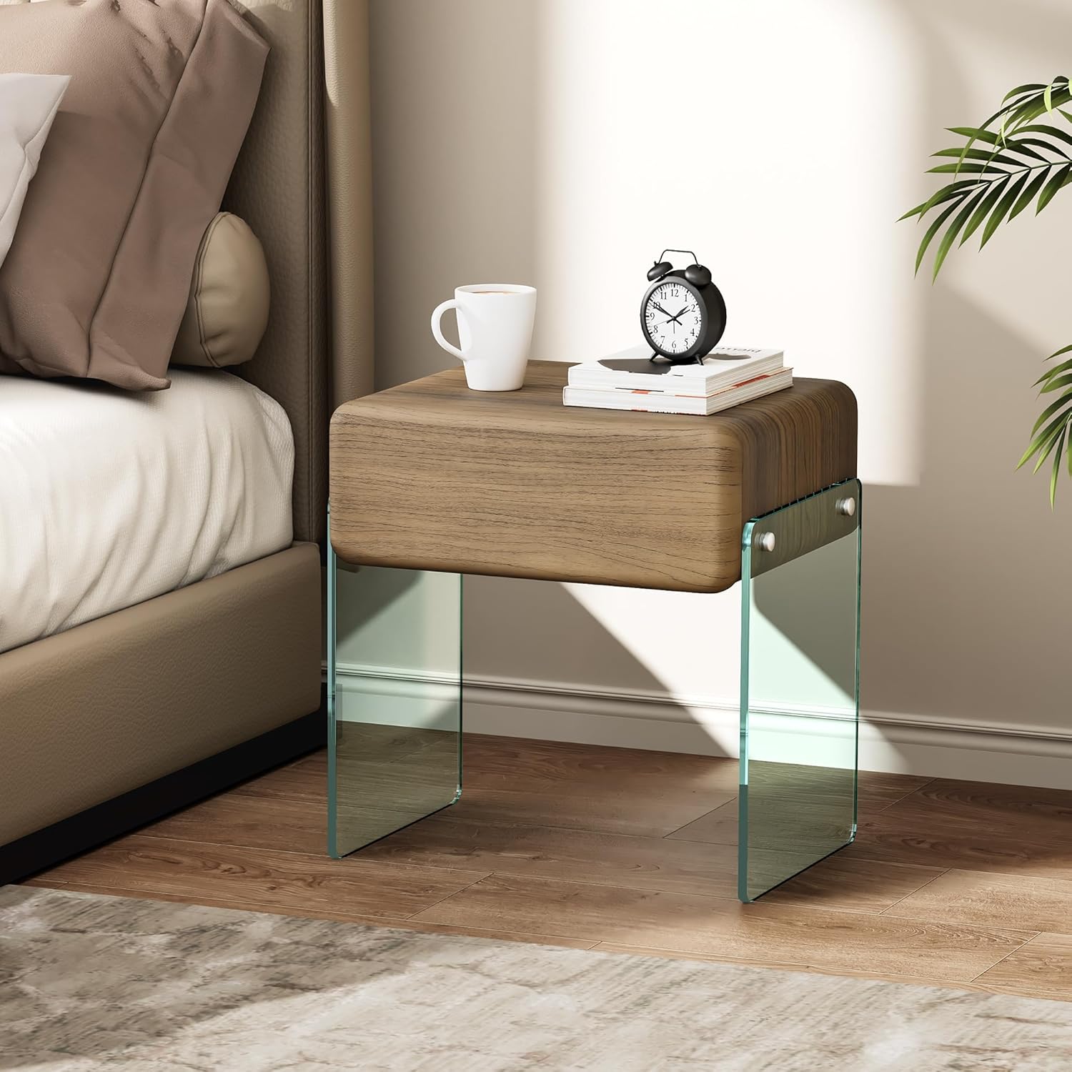 81wqmRvSCLL._AC_SL1500_.jpg Nightstand with Drawer, Bedside Side Table, Transparent Glass Legs, Faux Leather Surface, Solid Wood Drawer, for Bedroom (Walnut Brown, 15.7" x 11.8" x 17.7") - Image 1