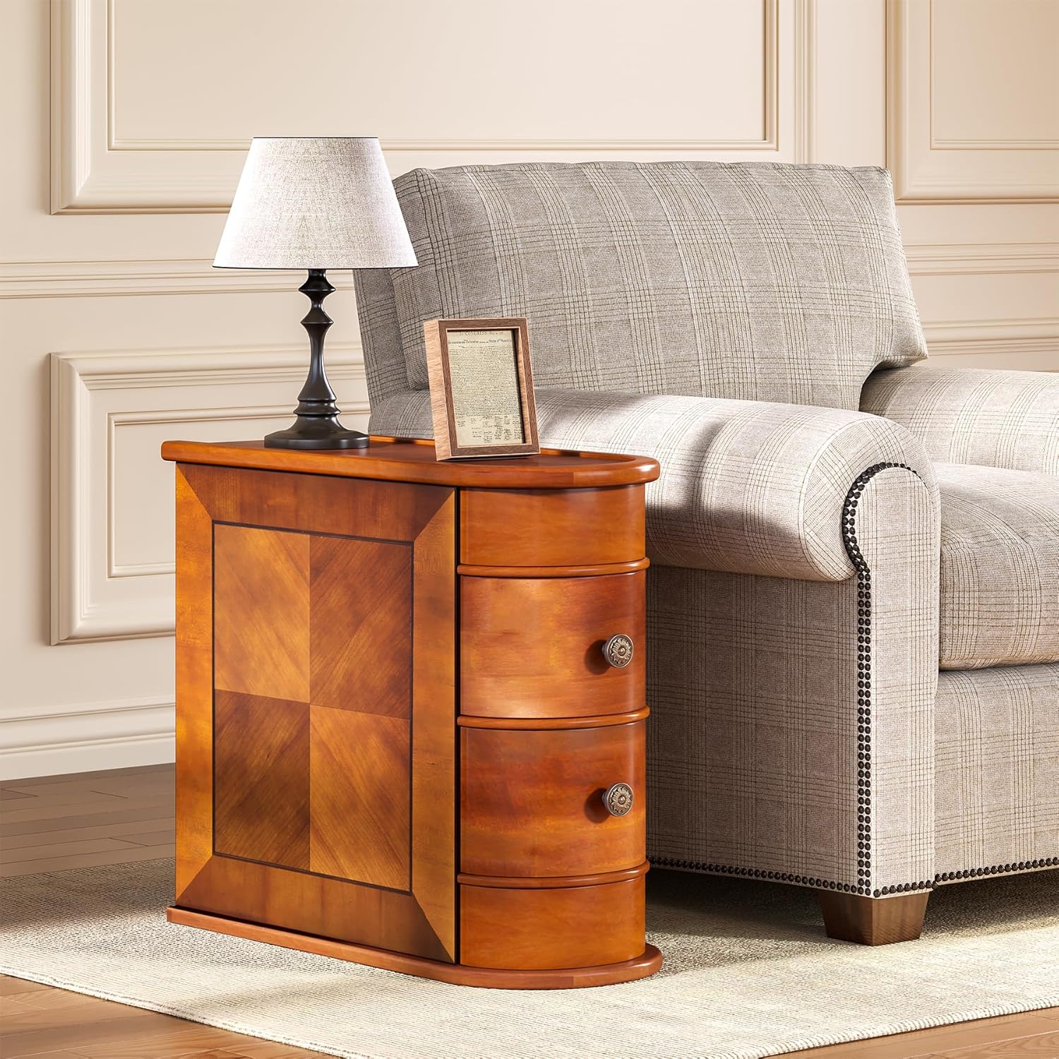 91KQ-B6jNpL._AC_SL1500_.jpg Wood End Table with 2 Drawers Sofa Side Table, No Assembly Required Vintage Slim Nightstand Bedside Table for Bedroom - Image 1