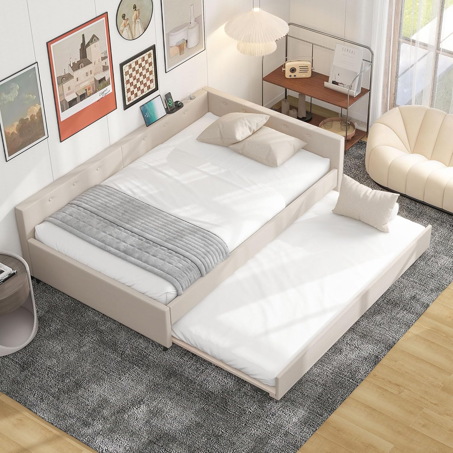 91Z5seyYbzL._AC_SL1500_.jpg Full Size Bed Frame, Full Size Upholstered Platform Bed with USB Ports and Twin Size Trundle, Modern Wooden Bed Frame w/ Wood Slats Support, Space Saving Full Size Bed for Dormitory Apartment, Beige - Image 1